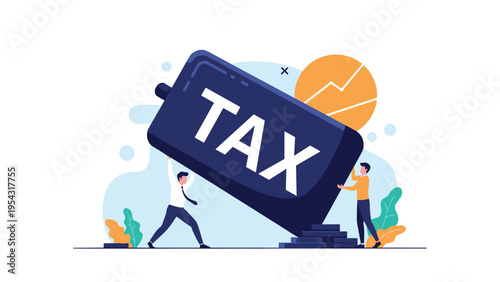 High tax burden concept with two businessmen struggling to lift a heavy stone labeled TAX representing financial pressure.