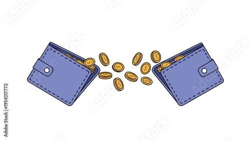 Peer to peer money transfer concept with gold coins flying between two blue wallets for digital payment and finance services.