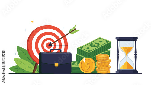 Business target with arrow alongside a briefcase, cash stacks, and an hourglass representing effective time management and strategic goals.