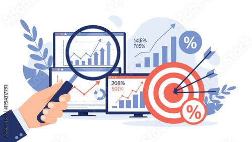 Hand holding a magnifying glass over digital data screens and a target to represent market research, statistics, and business analysis.