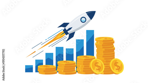 Spaceship rocket launching upwards over blue bar charts and stacks of gold coins symbolizing rapid financial growth and successful startup ventures.