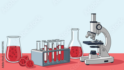Scientific laboratory with a microscope, test tubes, and flasks filled with red liquid for medical analysis and biological research projects.
