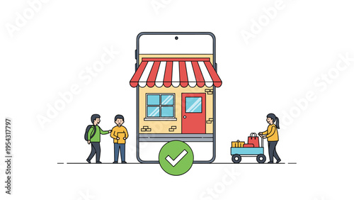 Mobile phone displaying a storefront screen with shoppers and a delivery person representing the convenience of modern e-commerce apps.