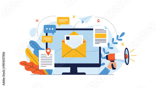 Computer monitor with an envelope, megaphone, and notification icons representing email marketing and digital communication strategies.