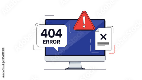 Computer screen displaying a 404 error message and a file with a cross mark for website technical issues and page not found concepts.