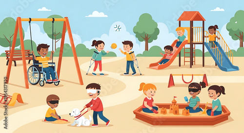 A vibrant illustration of children with diverse abilities playing together in an inclusive playground