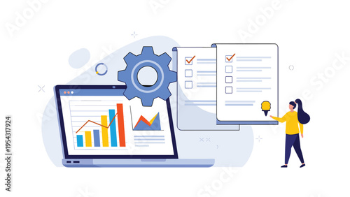 Laptop displaying charts with a large gear, checklists, and a person for business process automation and quality compliance concepts.