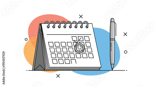 Desk calendar with a pen and colorful circles in the background representing event planning, task scheduling, and time management.