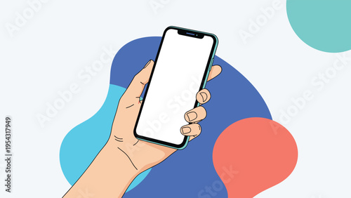 Hand holding a smartphone with a blank white screen for mobile application mock up presentation over colorful abstract shapes background.