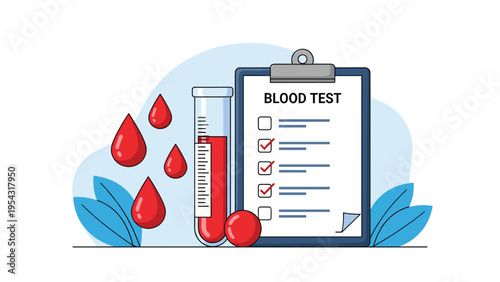 Blood test medical report on clipboard with glass test tube of sample and red liquid drops for laboratory health diagnosis concept.