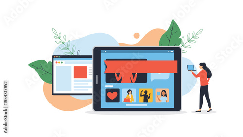 Social media marketing and online communication with people interacting on digital tablet screen for global networking concept.