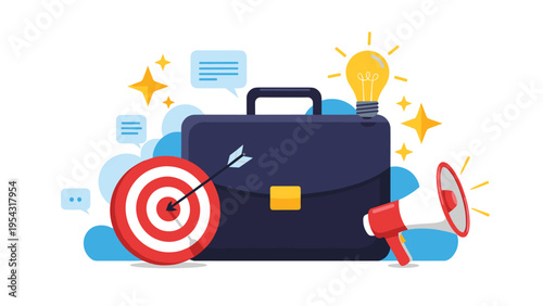 Business professional briefcase with target and arrow idea light bulb and megaphone icons for success strategy and goal concept.