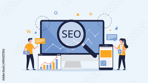 Search engine optimization SEO concept with professional people analyzing website data and search analytics on computer screens.