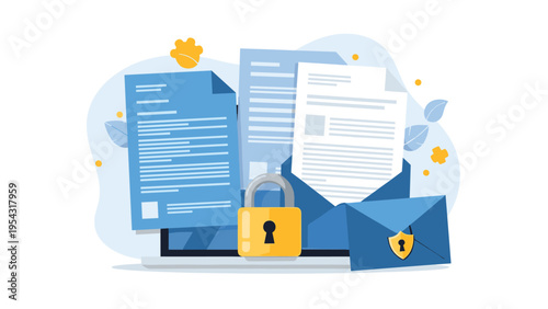 Data privacy and email security concept with laptop computer protected by large yellow padlock and encrypted messages for protection.