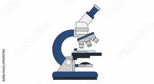 A blue and white microscope on a table.