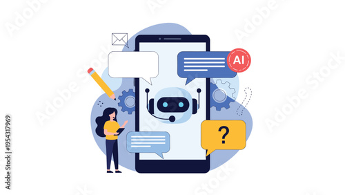 Artificial intelligence AI chatbot on smartphone screen with speech bubbles and female user for customer service and support concept.