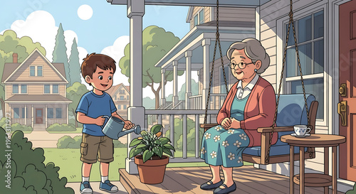 A heartwarming scene of a young boy helping his elderly grandmother with gardening on a sunny porch