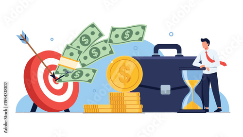 Financial success and goal achievement with target hit by arrow money bills coins briefcase and hourglass for time management.