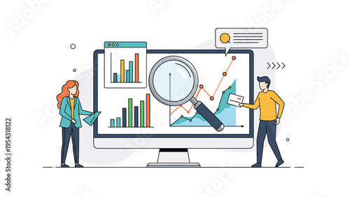 Business data analysis and reporting with professional people examining performance charts on large monitor with magnifying glass.