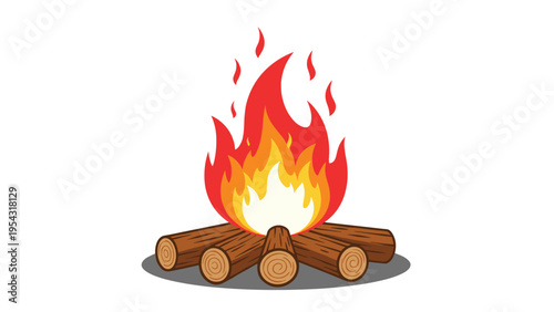 Warm campfire with burning wood logs and bright orange flames isolated on white background for outdoor camping and recreation concept.