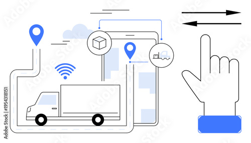 Logistics management, delivery tracking, transportation services, supply chain, GPS navigation, digital operations. Features a truck, GPS pins wireless digital tablet and hand gesture. Logistics