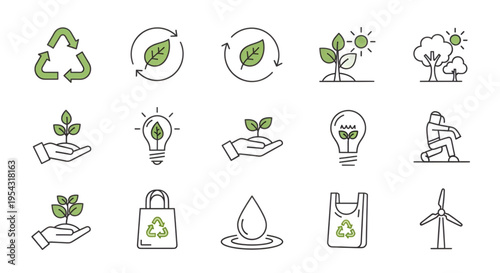 Sustainable Environment Linear Icons - Zero Waste, Pollution, and Recycling Set