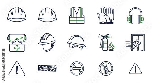 Collection of industrial safety gear and warning signs including helmets gloves vests and protective equipment icons.