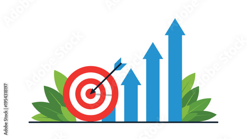 Successful business strategy and target achievement with multiple green arrows pointing up and bullseye for financial growth concept.