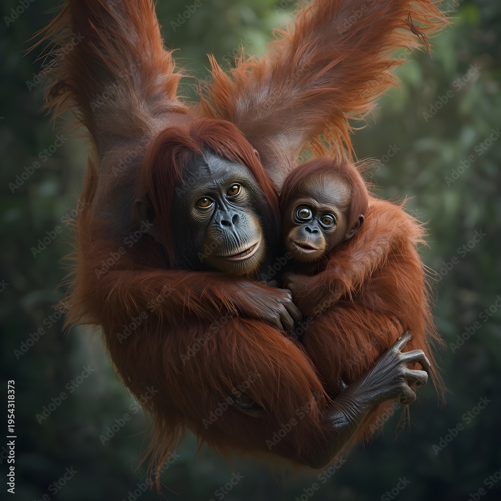 Naklejka premium Orangutan Mother with Baby Clinging to Back Swinging Through Borneo Rainforest Endangered Wildlife Photography