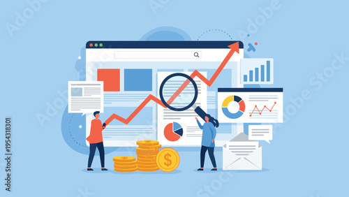 Website analytics and business data visualization with professional people analyzing financial charts and growth graphs on screen.