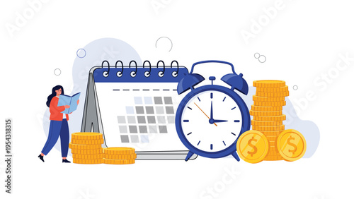 Project deadline management and financial planning with professional woman calendar large alarm clock and stacks of gold coins.