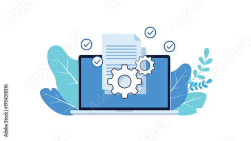 Automated document processing and file management with digital papers and rotating gears on laptop screen for business efficiency.