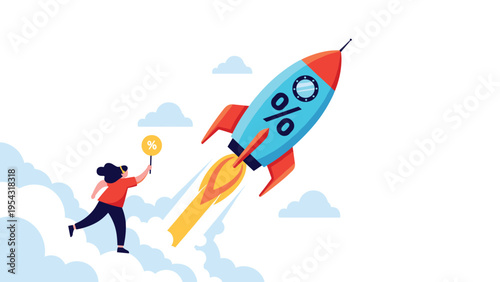 Promotional discount and retail sales boost with woman holding percent sign as a blue rocket launches into the white clouds.