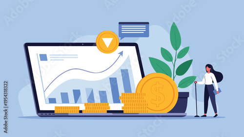 Financial market growth and investment analytics with laptop computer showing rising blue graph chart and stacked gold coins.