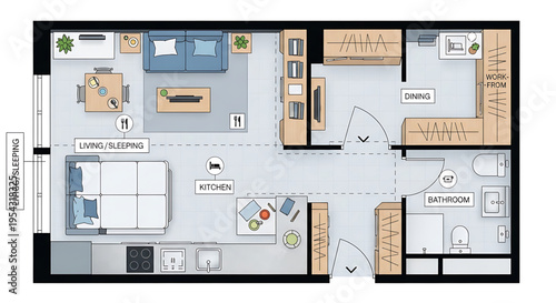 A detailed floor plan illustration of a modern apartment with labeled rooms and furniture
