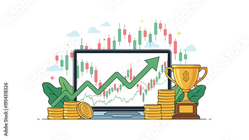 Financial market success illustration showing laptop with rising stock market growth chart and a gold winners trophy.
