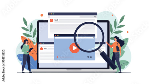 Digital search engine optimization and online content discovery concept featuring people looking through web windows.
