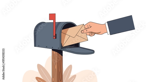 Businessman hand placing a sealed envelope into a classic blue mailbox representing direct mail and communication.