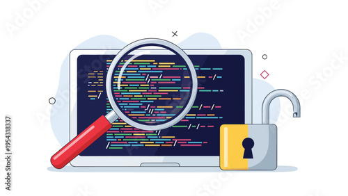 Cybersecurity and software vulnerability analysis concept with magnifying glass inspecting code next to an open lock.