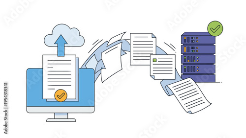 Cloud computing data transfer and file backup process illustration from a desktop computer to remote network servers.