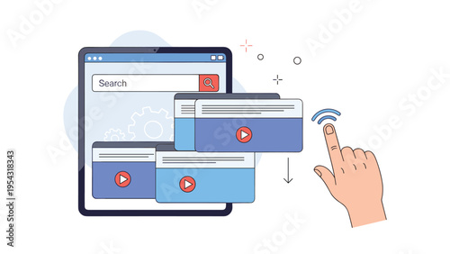 User interaction with mobile video content and search results on a tablet screen shown by a hand navigation gesture.