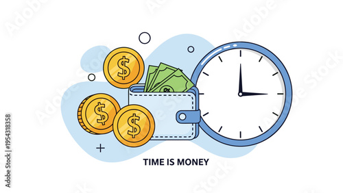 Time is money concept illustration showing a blue wall clock alongside a wallet full of bills and stacks of coins.