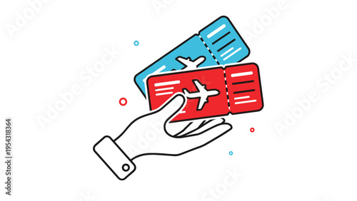Travel planning and vacation booking concept featuring a hand holding two international flight tickets with airplane icons.