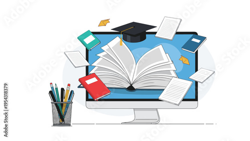 Online education and e-learning platform concept featuring a graduation cap and flying books on a computer screen.