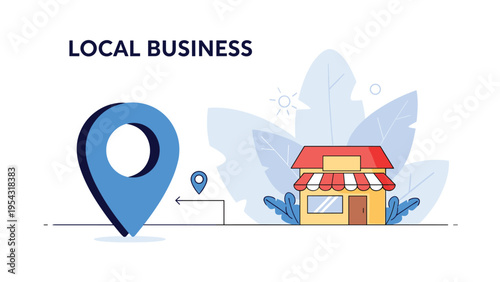 Local business marketing and location based services concept with a blue map pin icon and a store building icon.