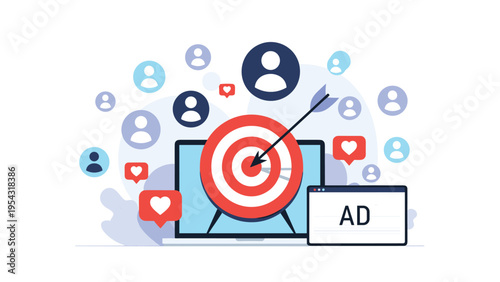 Targeted digital advertising and social media marketing concept with aim on laptop screen and engagement icons.
