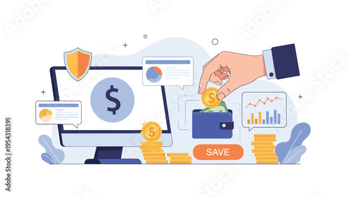 Secure online banking and digital savings management concept featuring a hand placing coins into a virtual wallet.