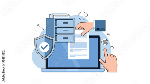 Secure electronic document management system concept with digital filing, laptop, protective shield, and user interaction.