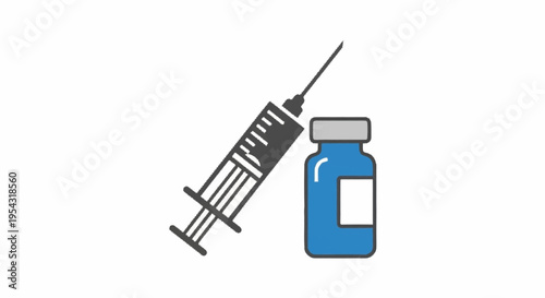 Medical syringe and vaccine bottle illustration.