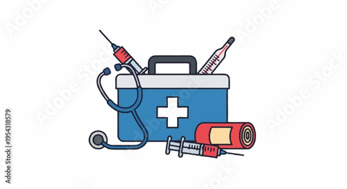 Medical kit with stethoscope and syringe.
